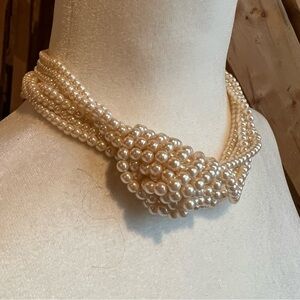 Multi-Strand Cream Faux Pearls Off Center Knot Elegant Necklace 16" with 4" ext